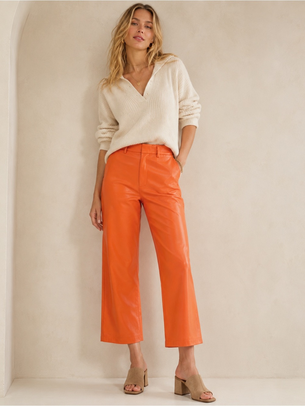 Avec Les Filles from Anthropologie Orange Faux Leather Wide Leg Pants Size M NWT